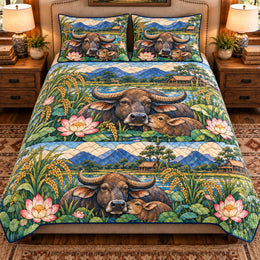 Water Buffalo Stained Glass Garden Quilt Set, Farmhouse Bedding Gift for Animal Lovers