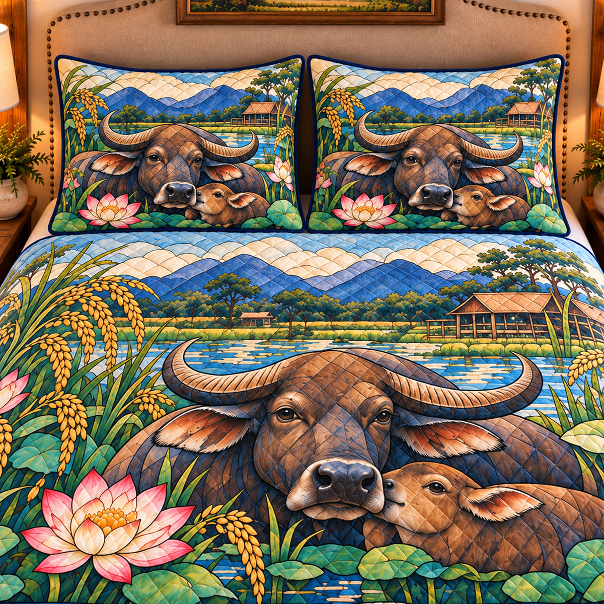 Water Buffalo Stained Glass Garden quilt set — close-up