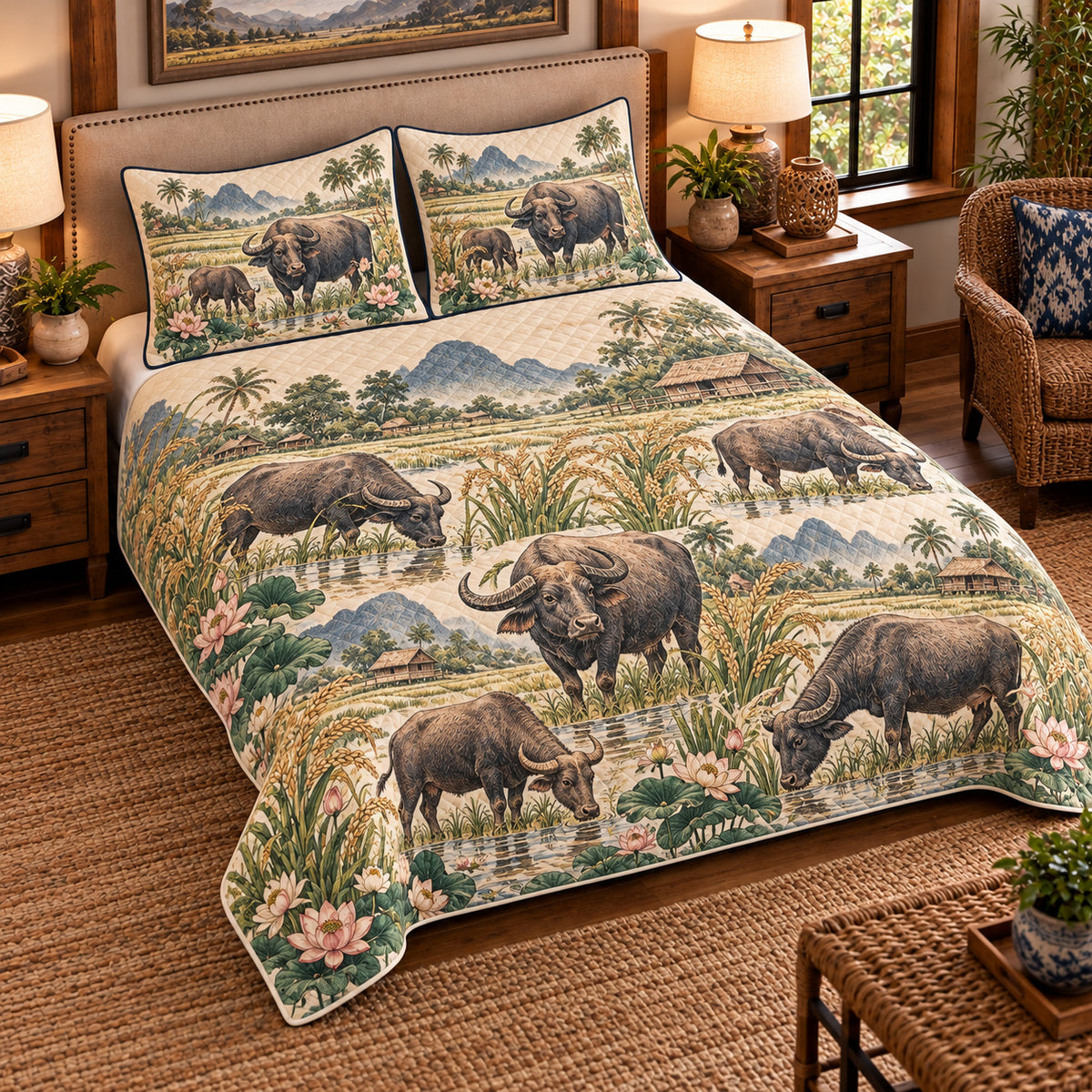 Water Buffalo Vintage Field Guide quilt set — left angle hero