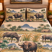 Water Buffalo Vintage Field Guide quilt set — close-up