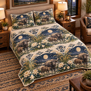 Water Buffalo Moonlit Folk Farm quilt set — left angle hero