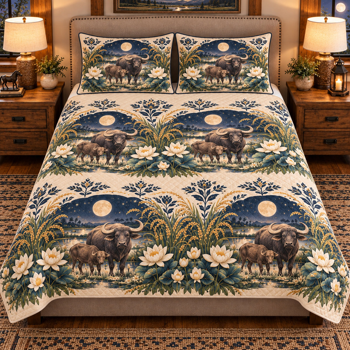 Water Buffalo Moonlit Folk Farm quilt set — front view