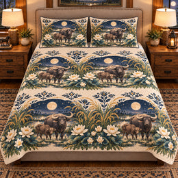 Water Buffalo Moonlit Folk Farm Quilt Set, Farmhouse Bedding Gift for Animal Lovers
