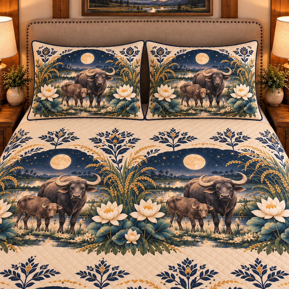 Water Buffalo Moonlit Folk Farm quilt set — close-up