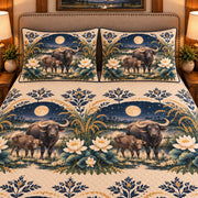 Water Buffalo Moonlit Folk Farm quilt set — close-up