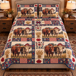 Ox Farmhouse Patchwork Quilt Set, Farmhouse Bedding Gift for Animal Lovers