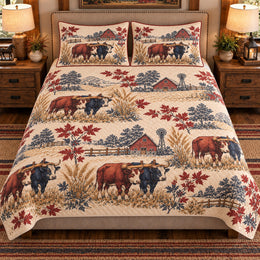 Ox Country Toile Quilt Set, Farmhouse Bedding Gift for Animal Lovers