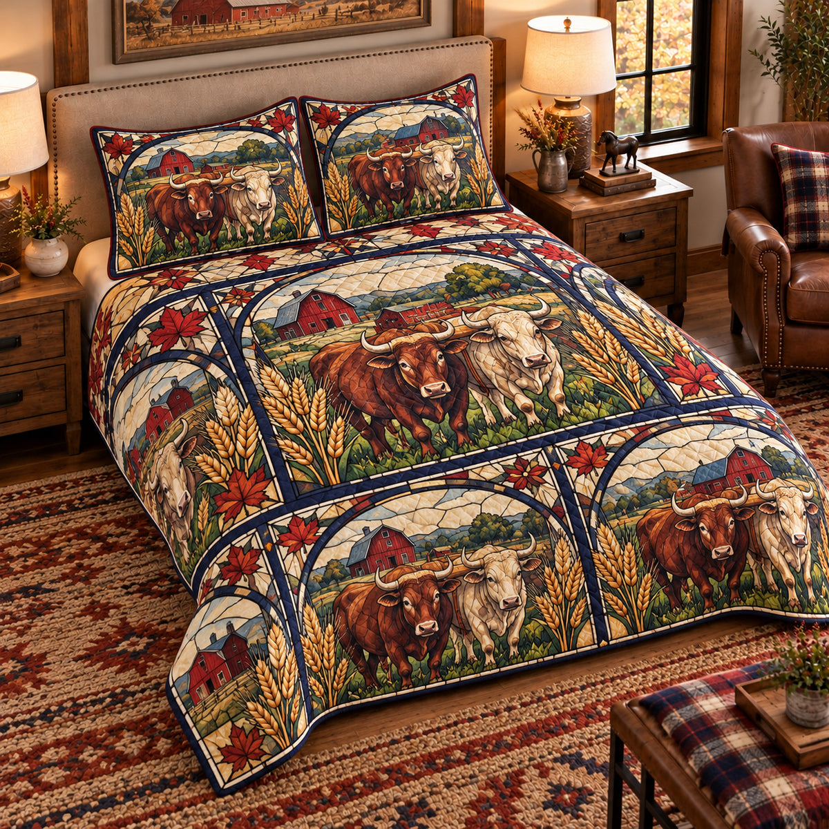 Ox Stained Glass Garden quilt set — left angle hero