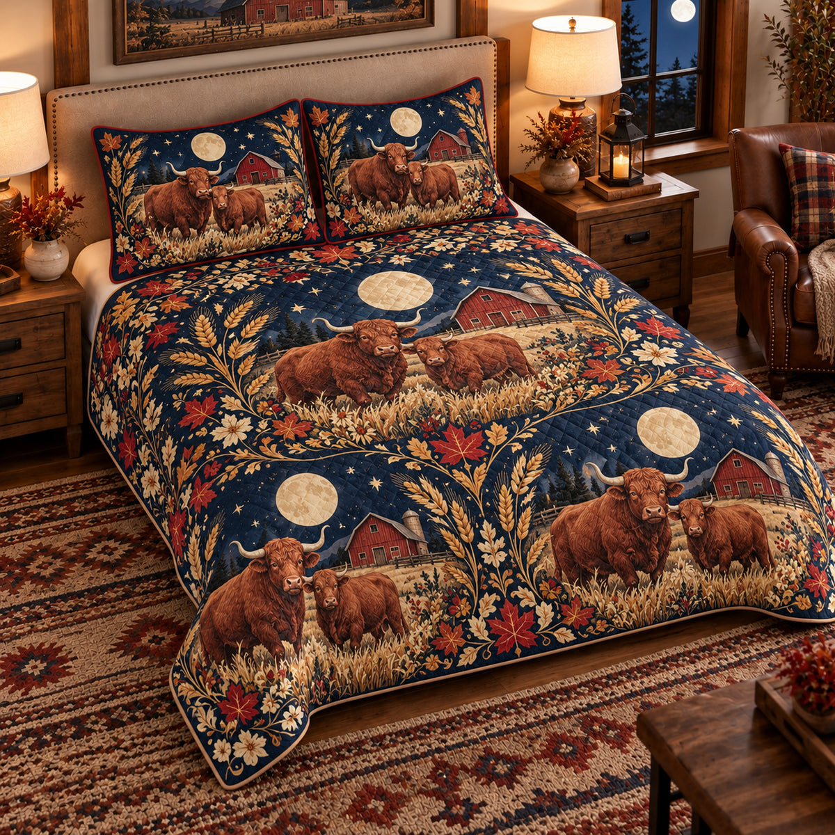 Ox Moonlit Folk Farm quilt set — left angle hero