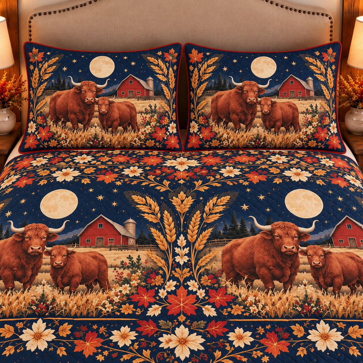 Ox Moonlit Folk Farm quilt set — close-up
