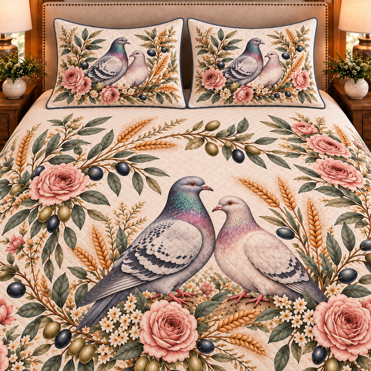 Pigeon & Dove Botanical Portrait quilt set — close-up