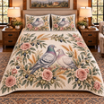 Pigeon and Dove Botanical Portrait Quilt Set, Farmhouse Bedding Gift for Animal Lovers