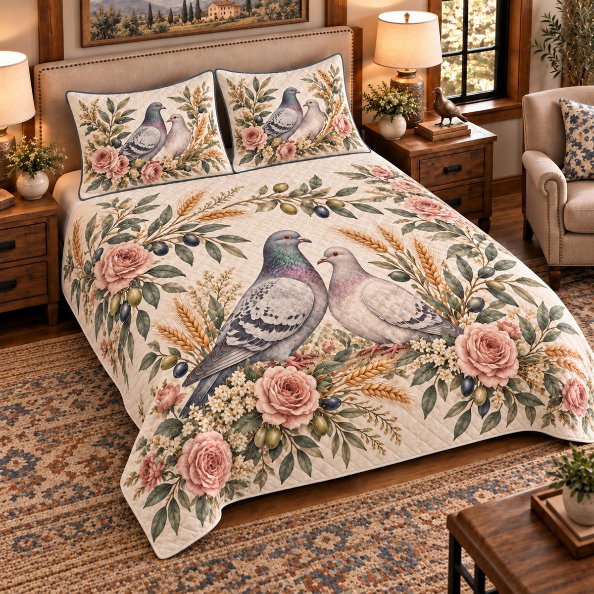 Pigeon & Dove Botanical Portrait quilt set — left angle hero