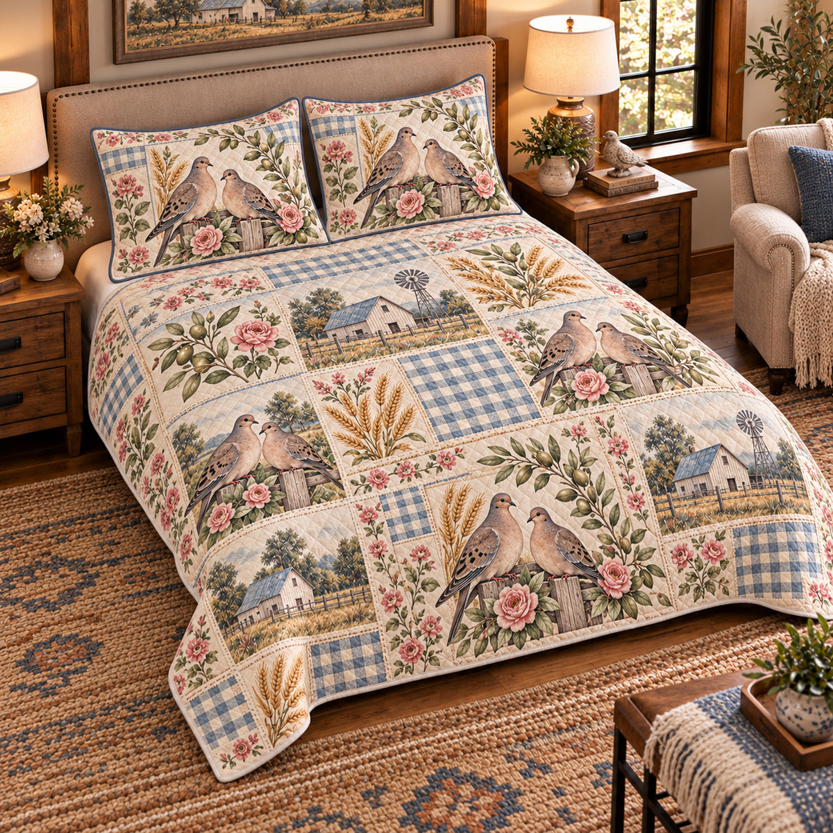 Pigeon & Dove Farmhouse Patchwork quilt set — left angle hero