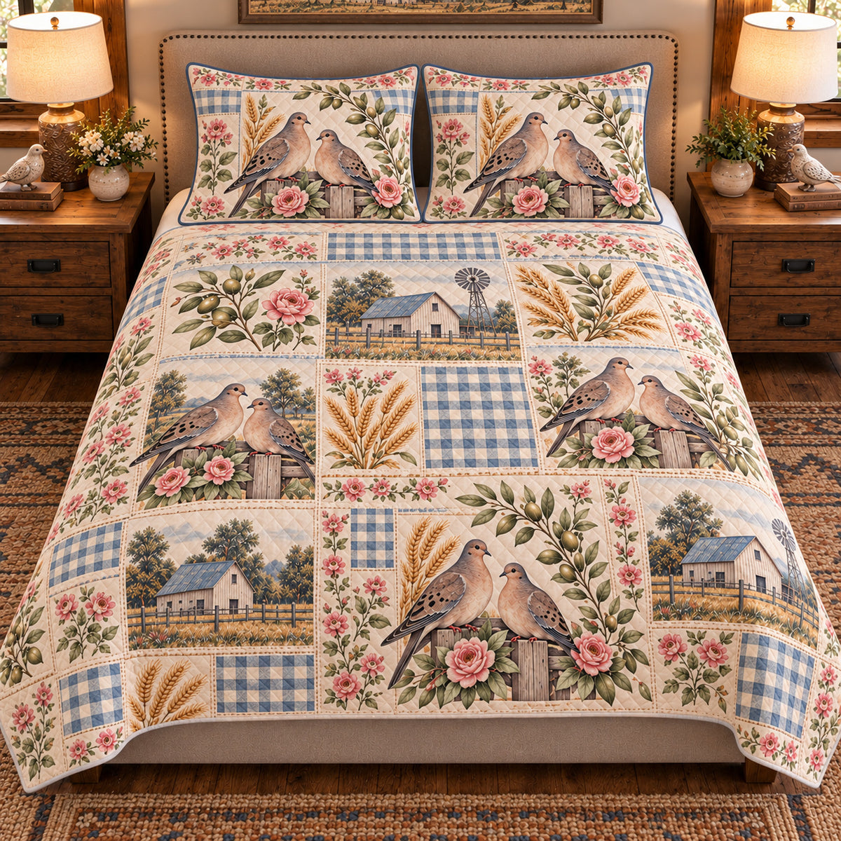 Pigeon & Dove Farmhouse Patchwork quilt set — front view