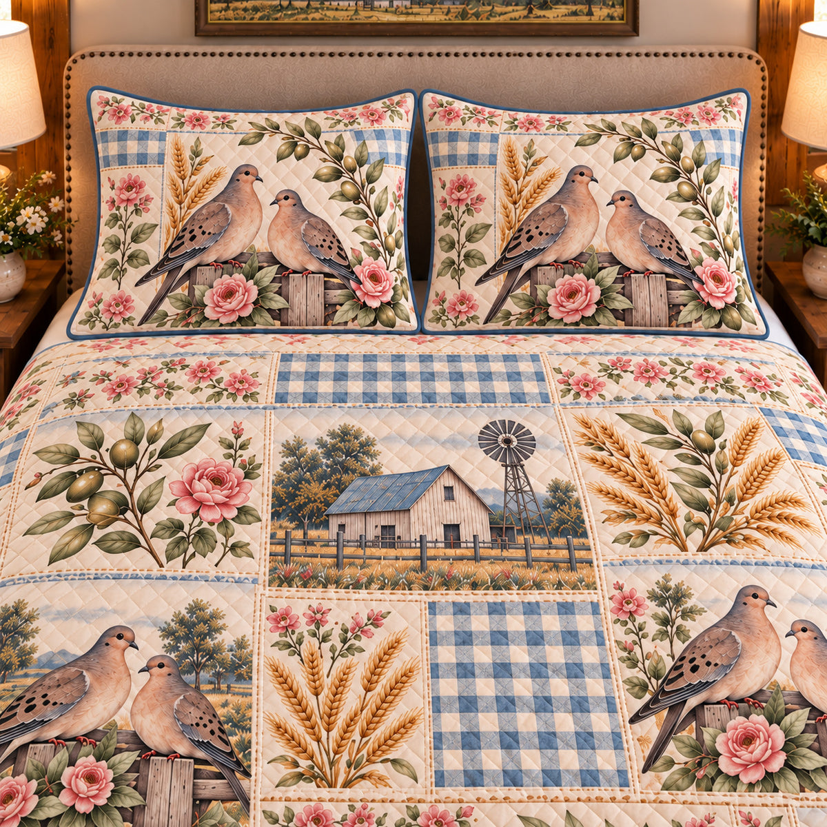Pigeon & Dove Farmhouse Patchwork quilt set — close-up