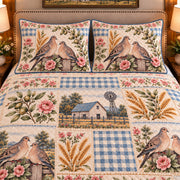 Pigeon & Dove Farmhouse Patchwork quilt set — close-up