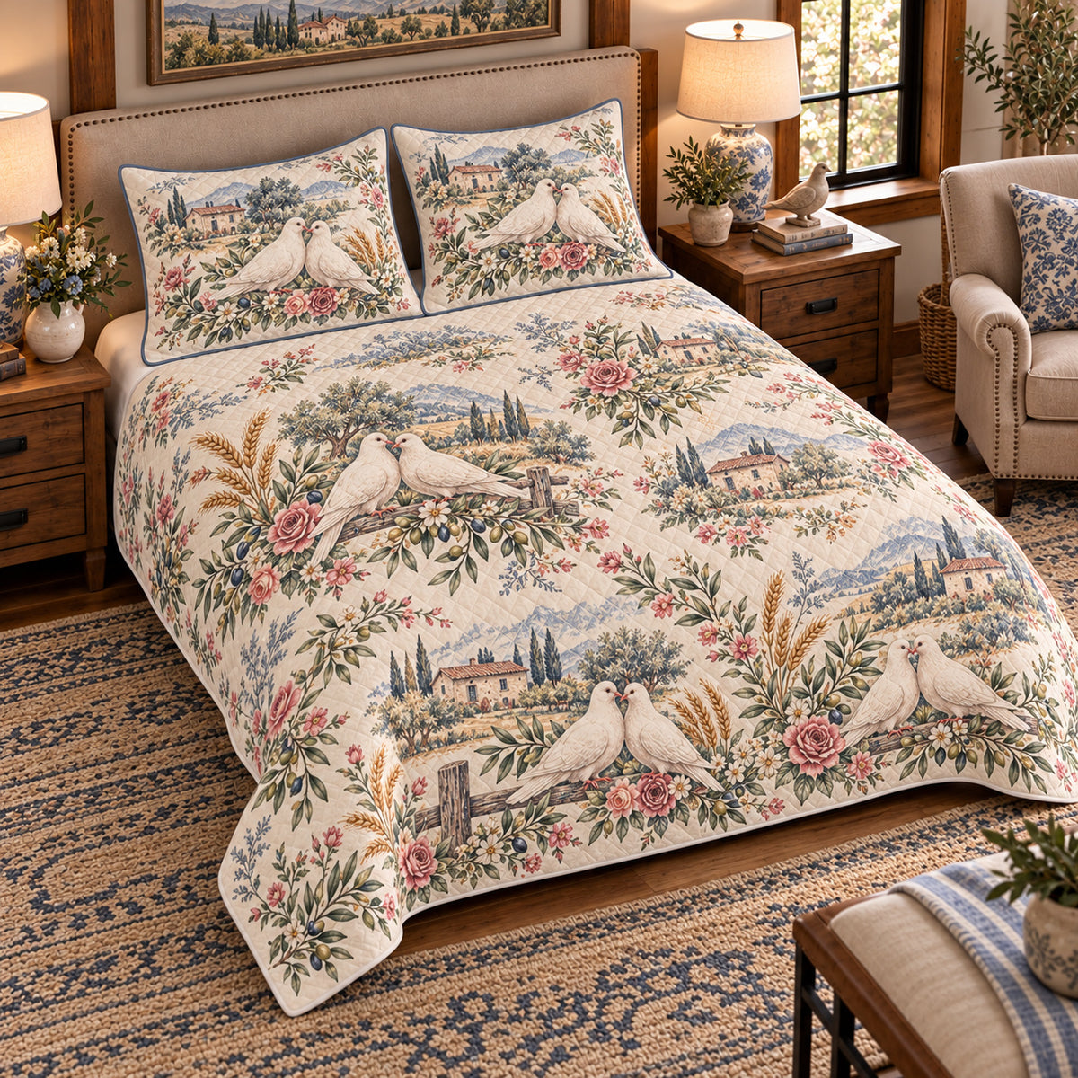 Pigeon & Dove Country Toile quilt set — left angle hero