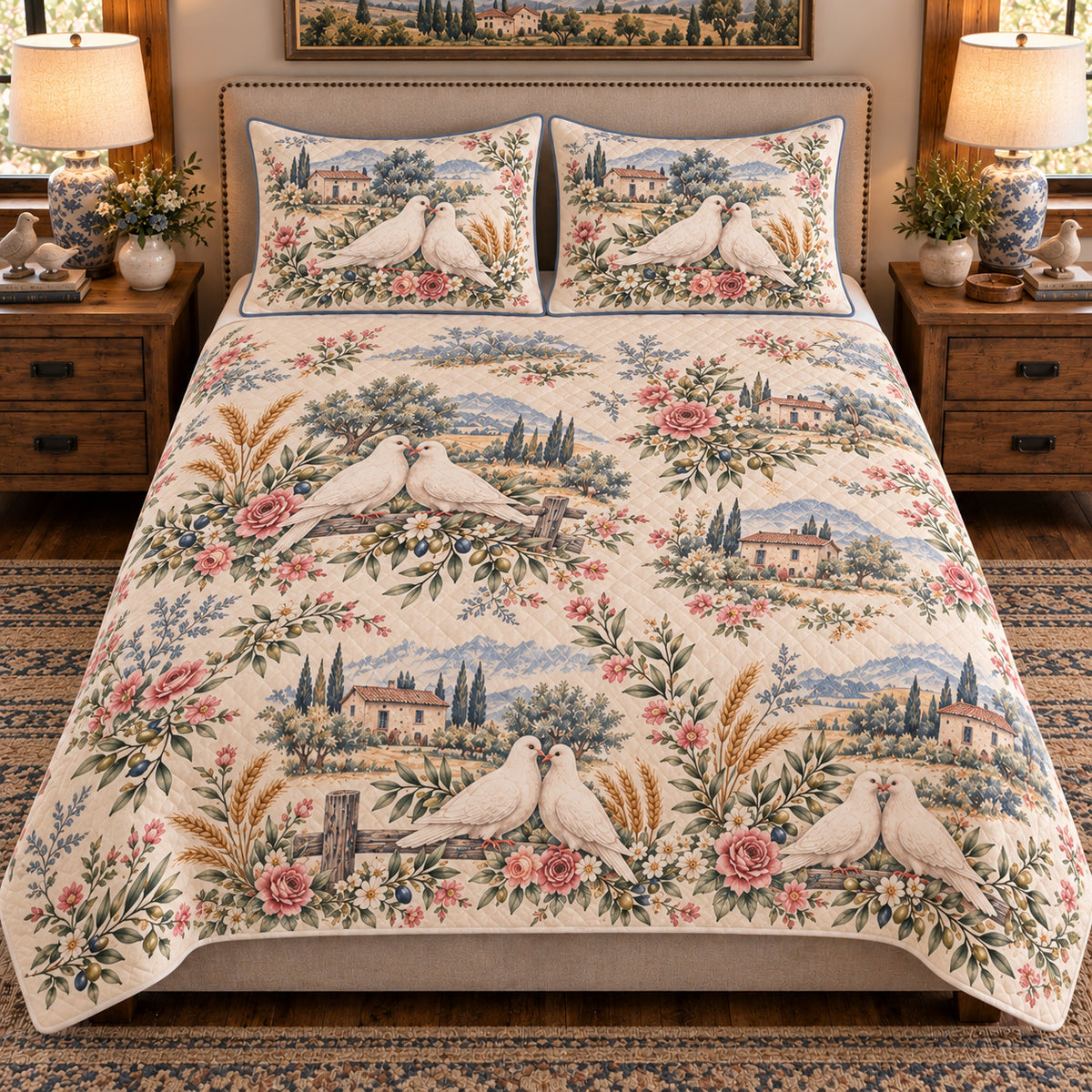 Pigeon & Dove Country Toile quilt set — front view