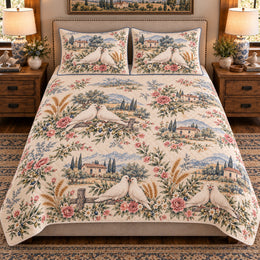 Pigeon and Dove Country Toile Quilt Set, Farmhouse Bedding Gift for Animal Lovers