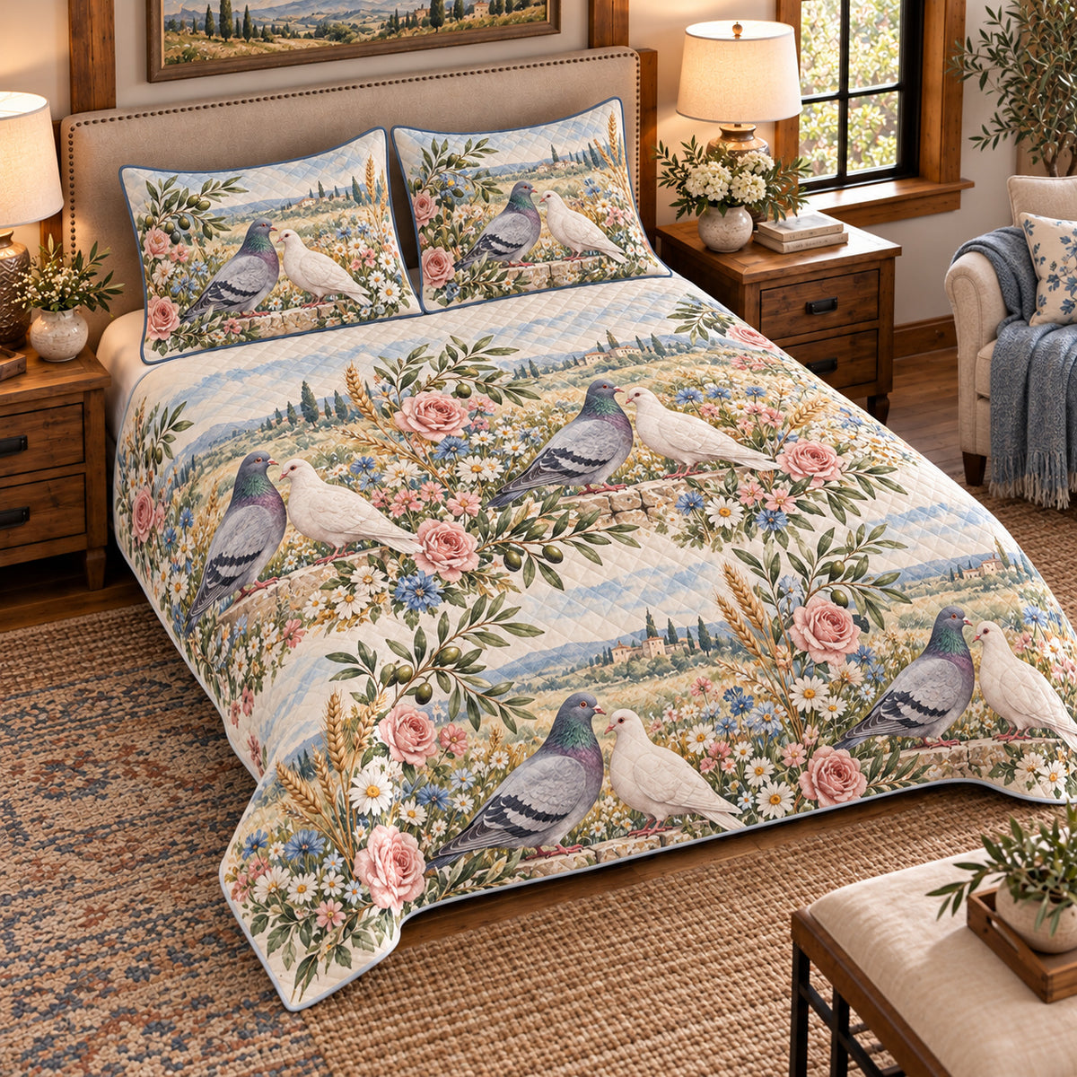 Pigeon & Dove Wildflower Meadow quilt set — left angle hero