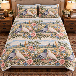 Pigeon and Dove Wildflower Meadow Quilt Set, Farmhouse Bedding Gift for Animal Lovers