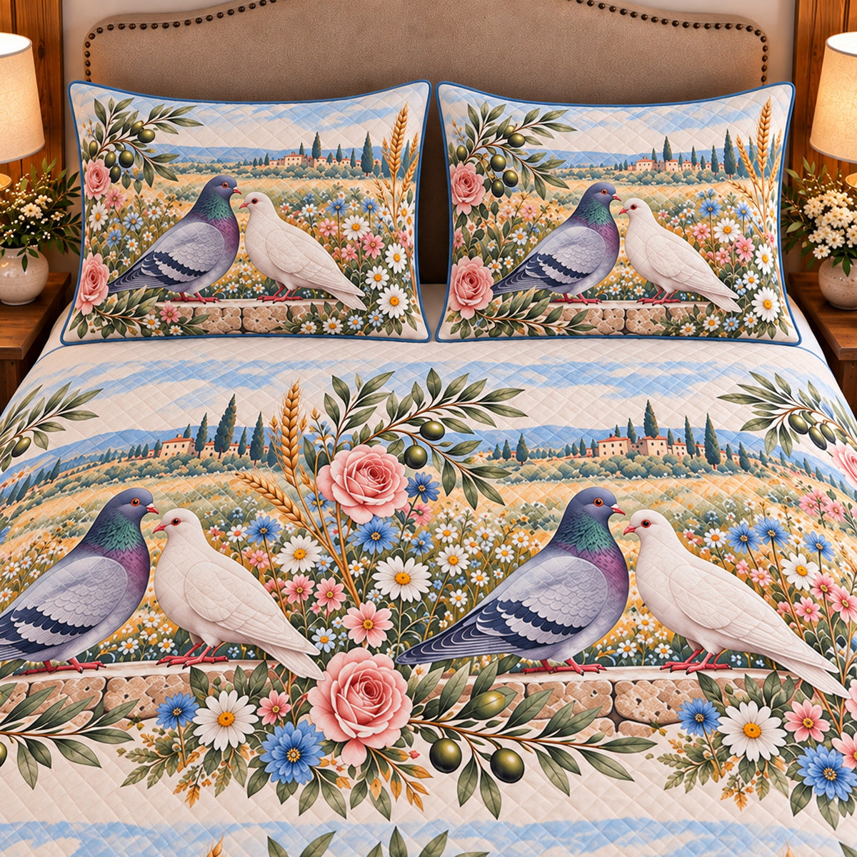 Pigeon & Dove Wildflower Meadow quilt set — close-up