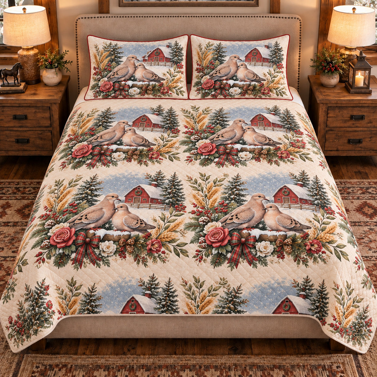 Pigeon & Dove Christmas Farm quilt set — front view