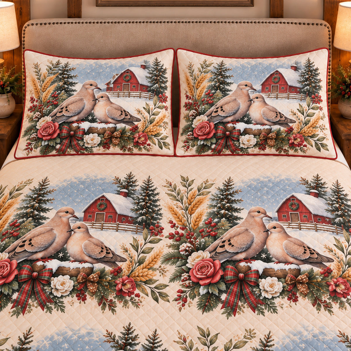 Pigeon & Dove Christmas Farm quilt set — close-up