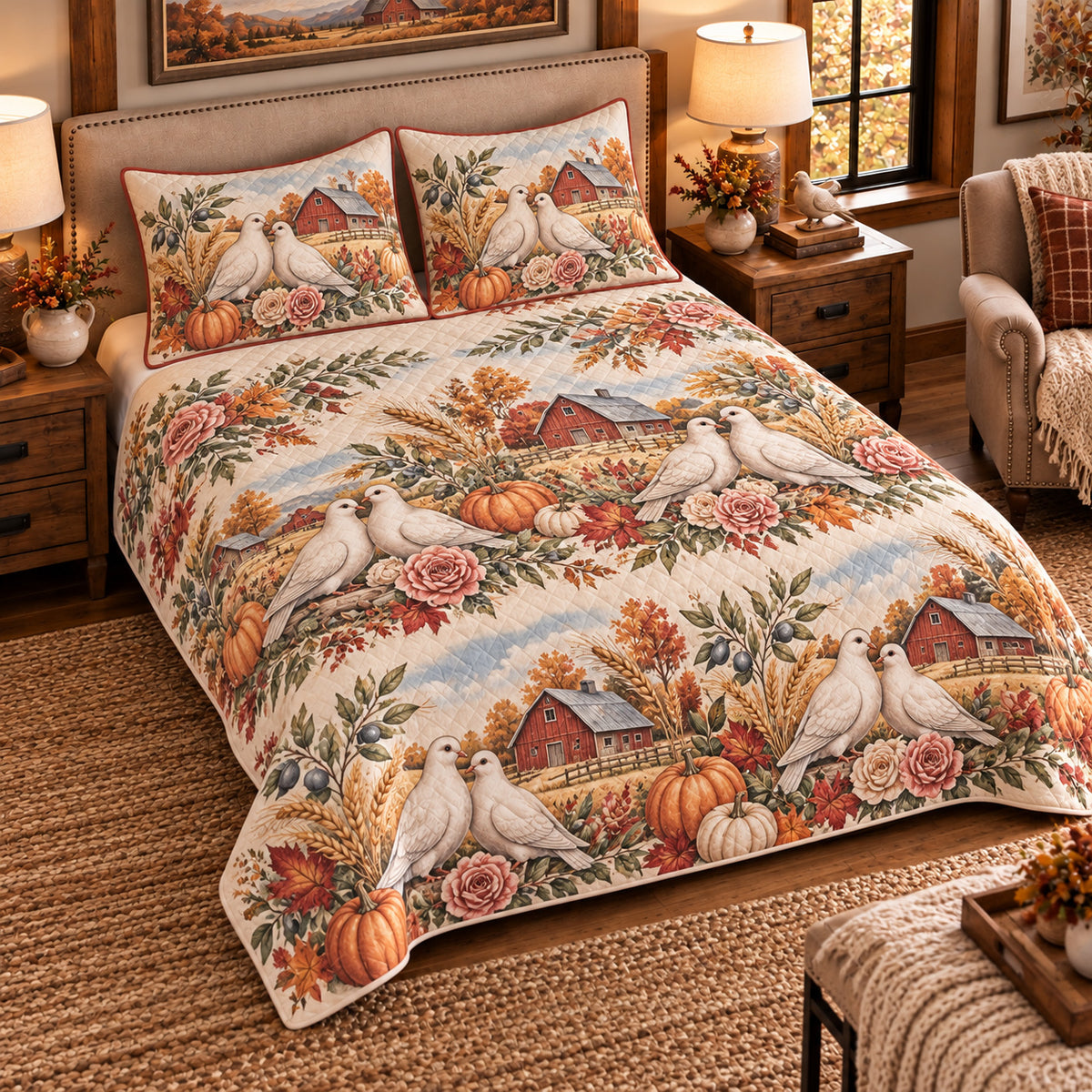 Pigeon & Dove Autumn Harvest quilt set — left angle hero