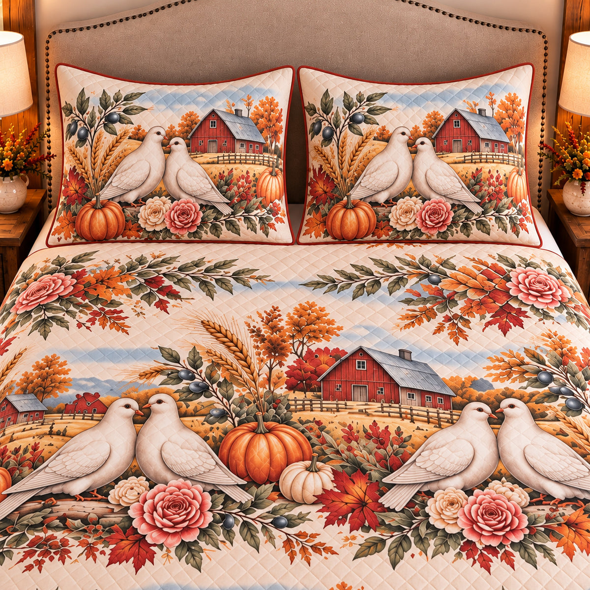 Pigeon & Dove Autumn Harvest quilt set — close-up