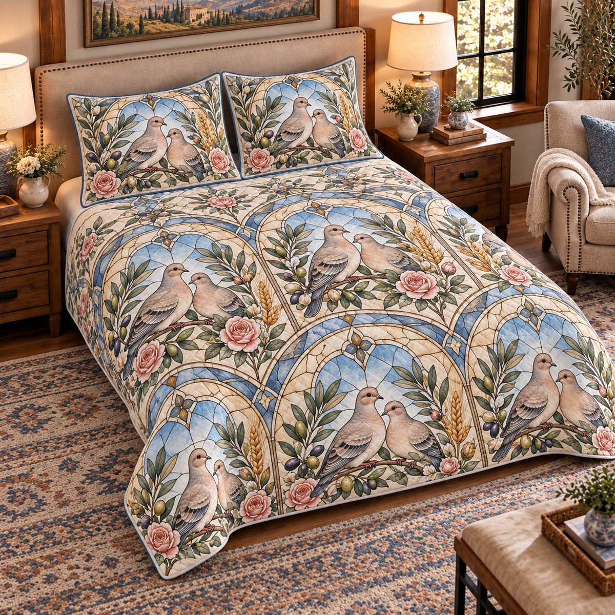 Pigeon & Dove Stained Glass Garden quilt set — left angle hero