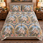Pigeon & Dove Stained Glass Garden quilt set — front view