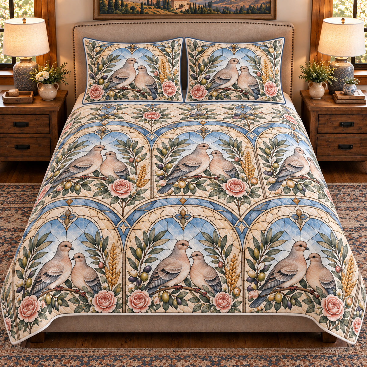 Pigeon & Dove Stained Glass Garden quilt set — front view