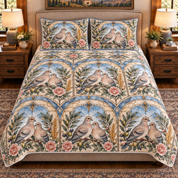 Pigeon and Dove Stained Glass Garden Quilt Set, Farmhouse Bedding Gift for Animal Lovers