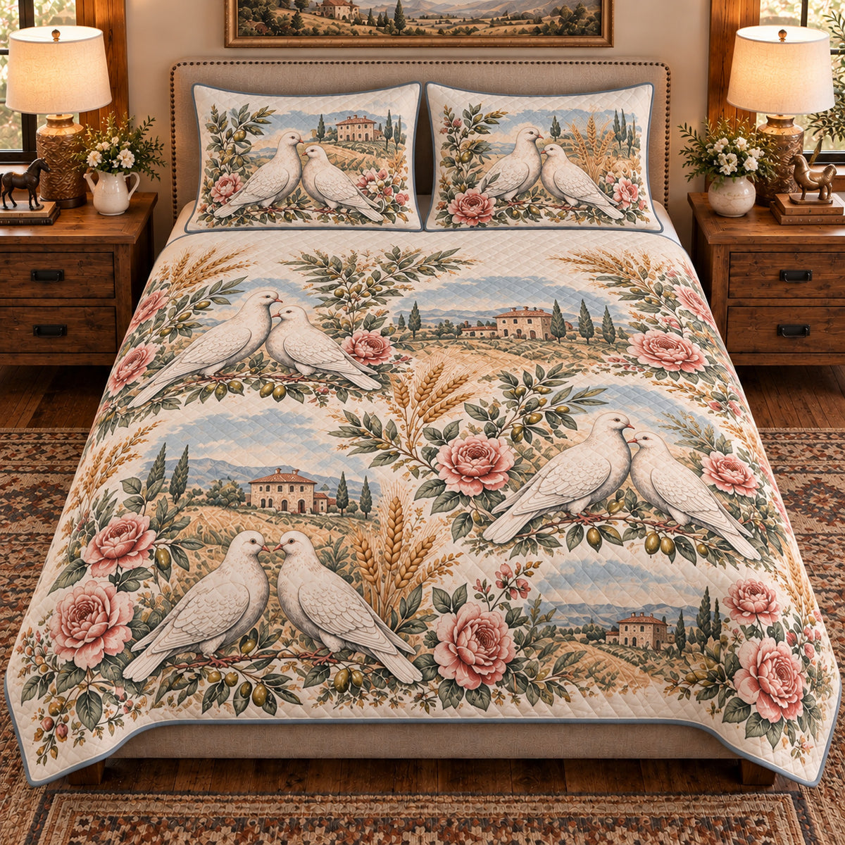 Pigeon & Dove Vintage Field Guide quilt set — front view