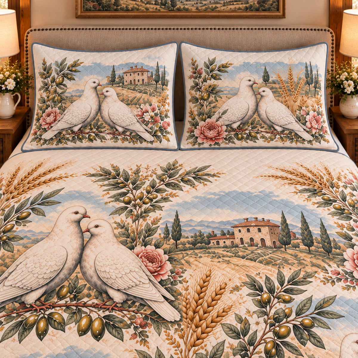 Pigeon & Dove Vintage Field Guide quilt set — close-up