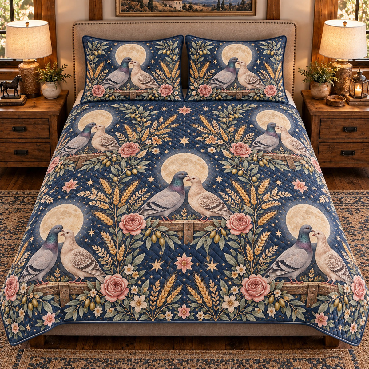 Pigeon & Dove Moonlit Folk Farm quilt set — front view