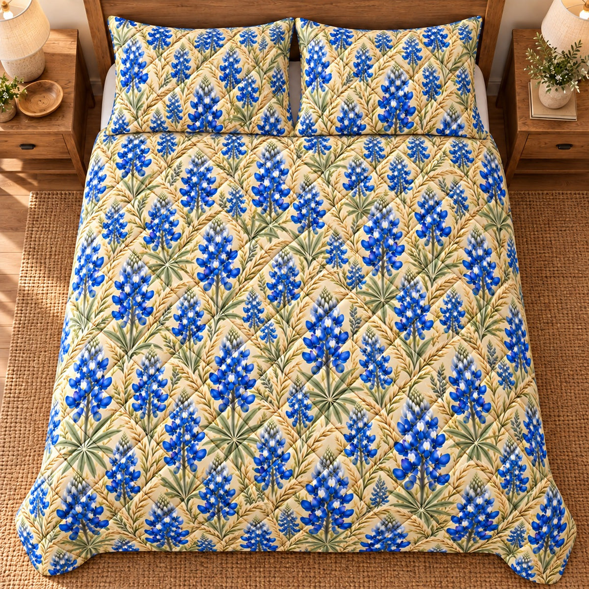 Texas bluebonnet quilt set overhead, AI mockup