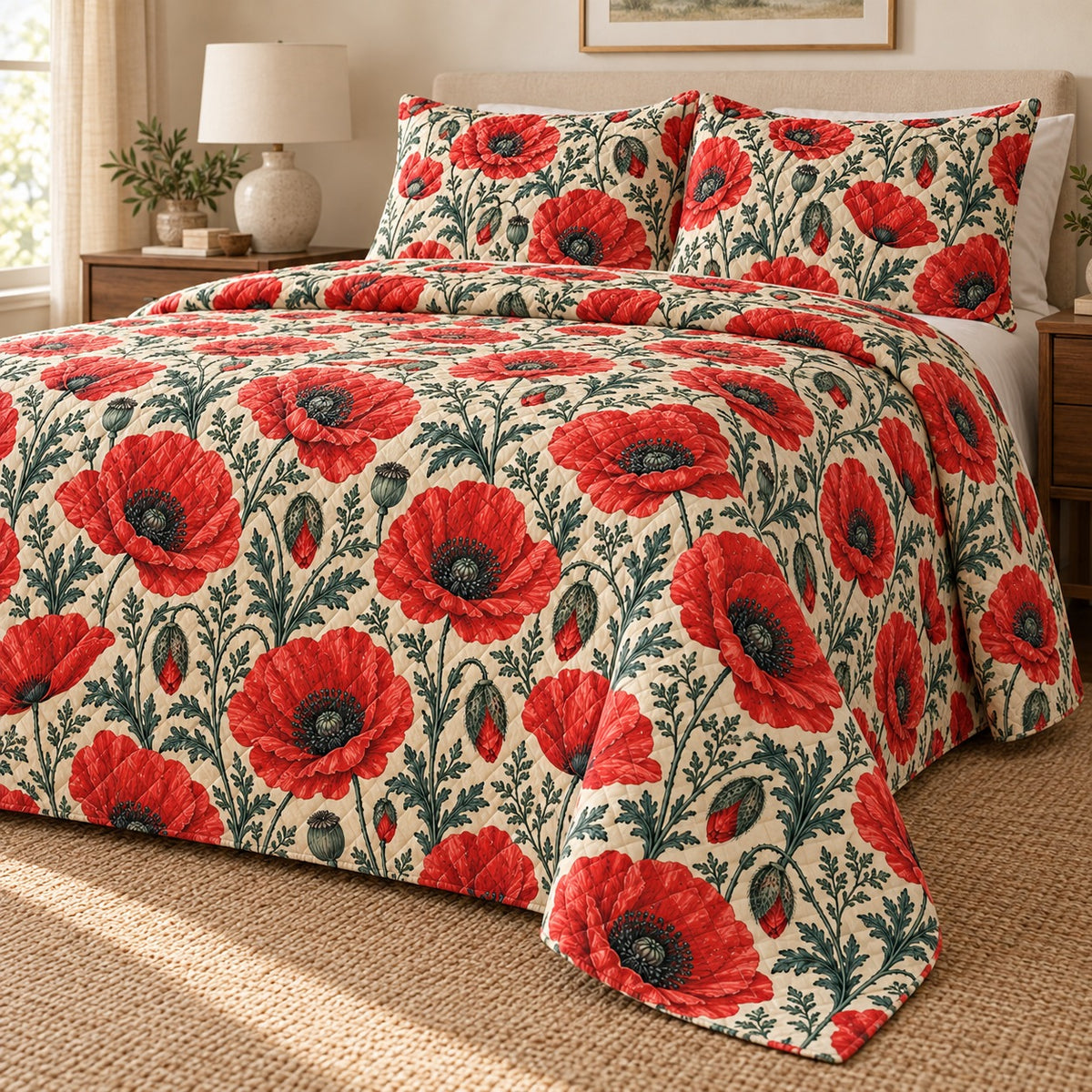 Scarlet poppy quilt set right angle, AI mockup