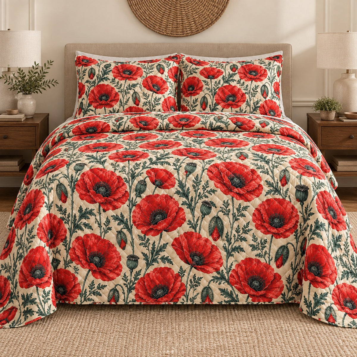 Scarlet poppy quilt set front view, AI mockup