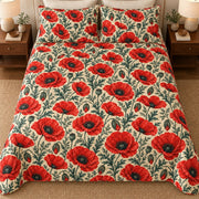 Scarlet poppy quilt set overhead, AI mockup