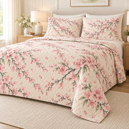 Blush Cherry Blossom Quilt Set, Pink Floral Bedding, Gift for Her or Spring Home