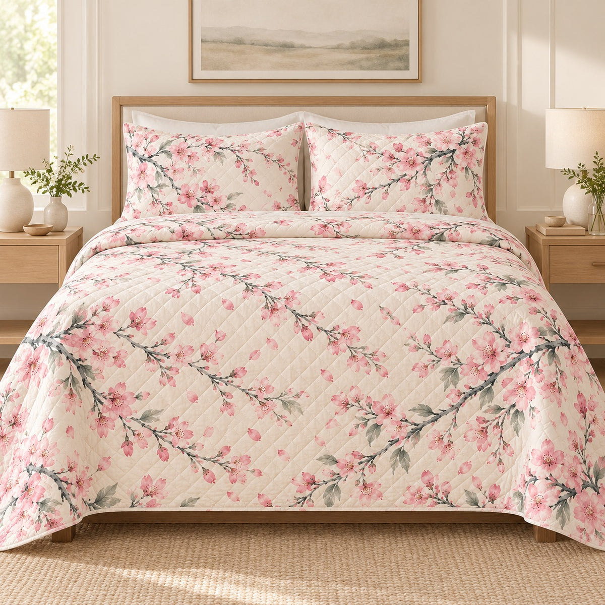 Cherry blossom quilt set front view, AI mockup