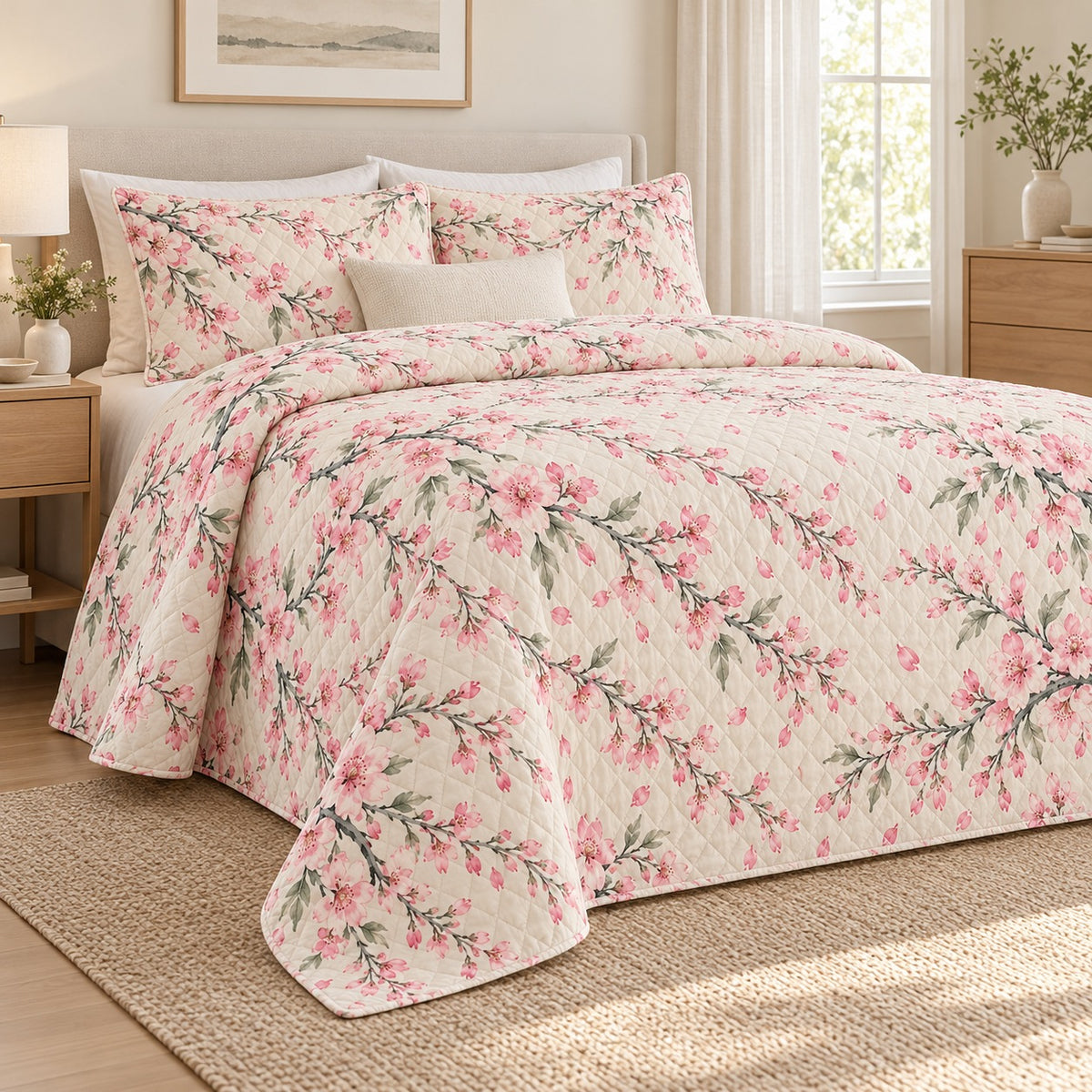 Cherry blossom quilt set left angle, AI mockup