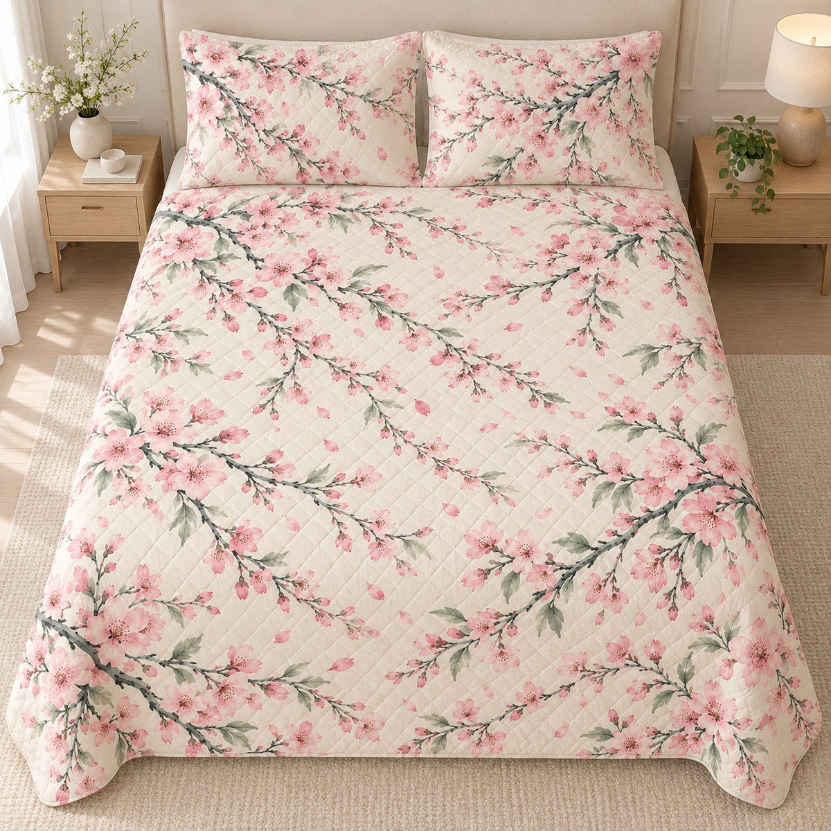 Cherry blossom quilt set overhead, AI mockup