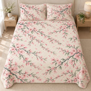 Cherry blossom quilt set overhead, AI mockup