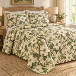 Appalachian Dogwood Bloom Quilt Set, Woodland Cottage Bedding, Housewarming Gift