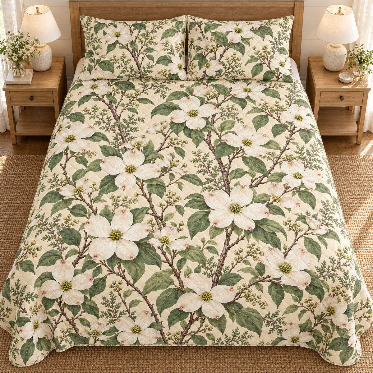 Dogwood quilt set overhead, AI mockup
