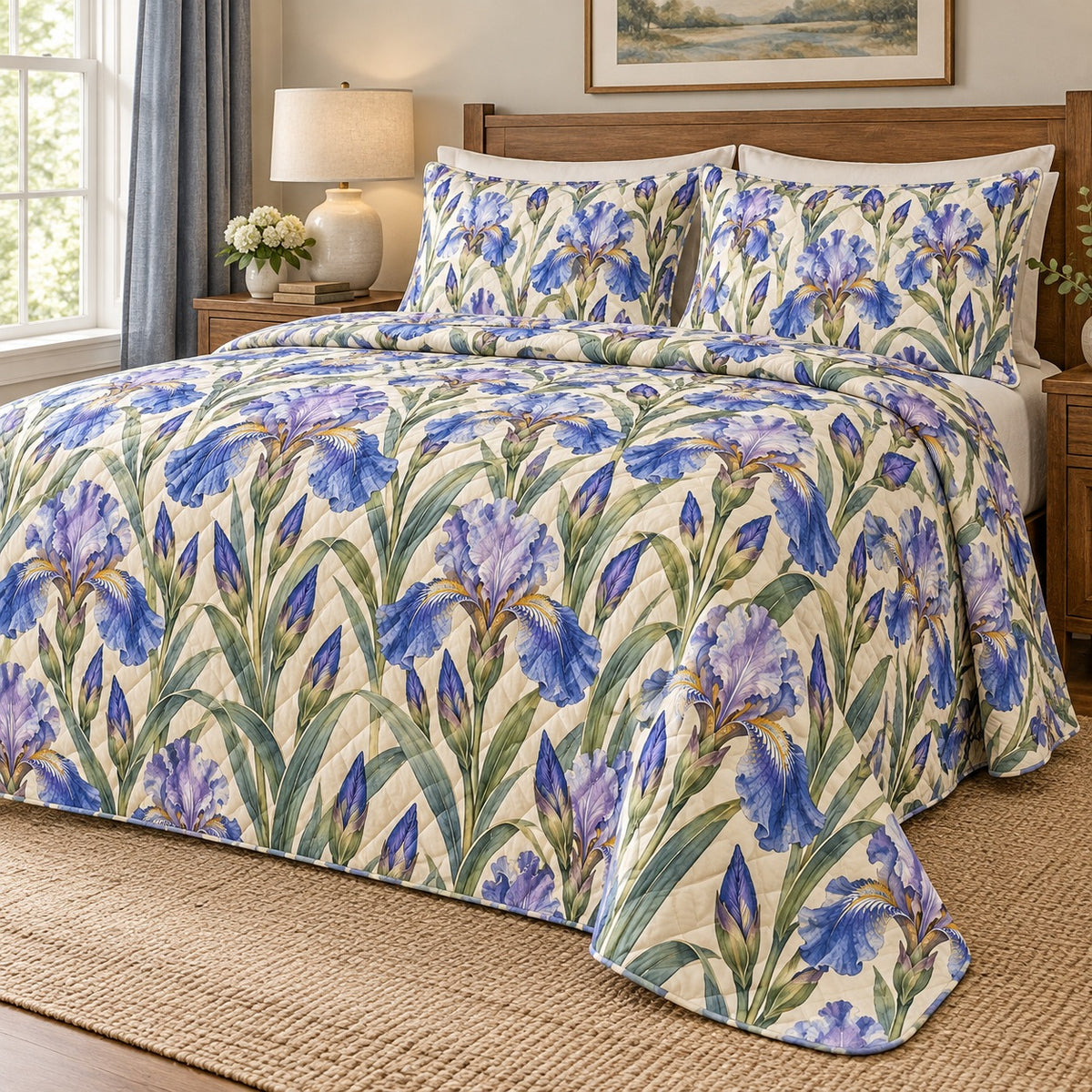 Blue iris quilt set right angle, AI mockup